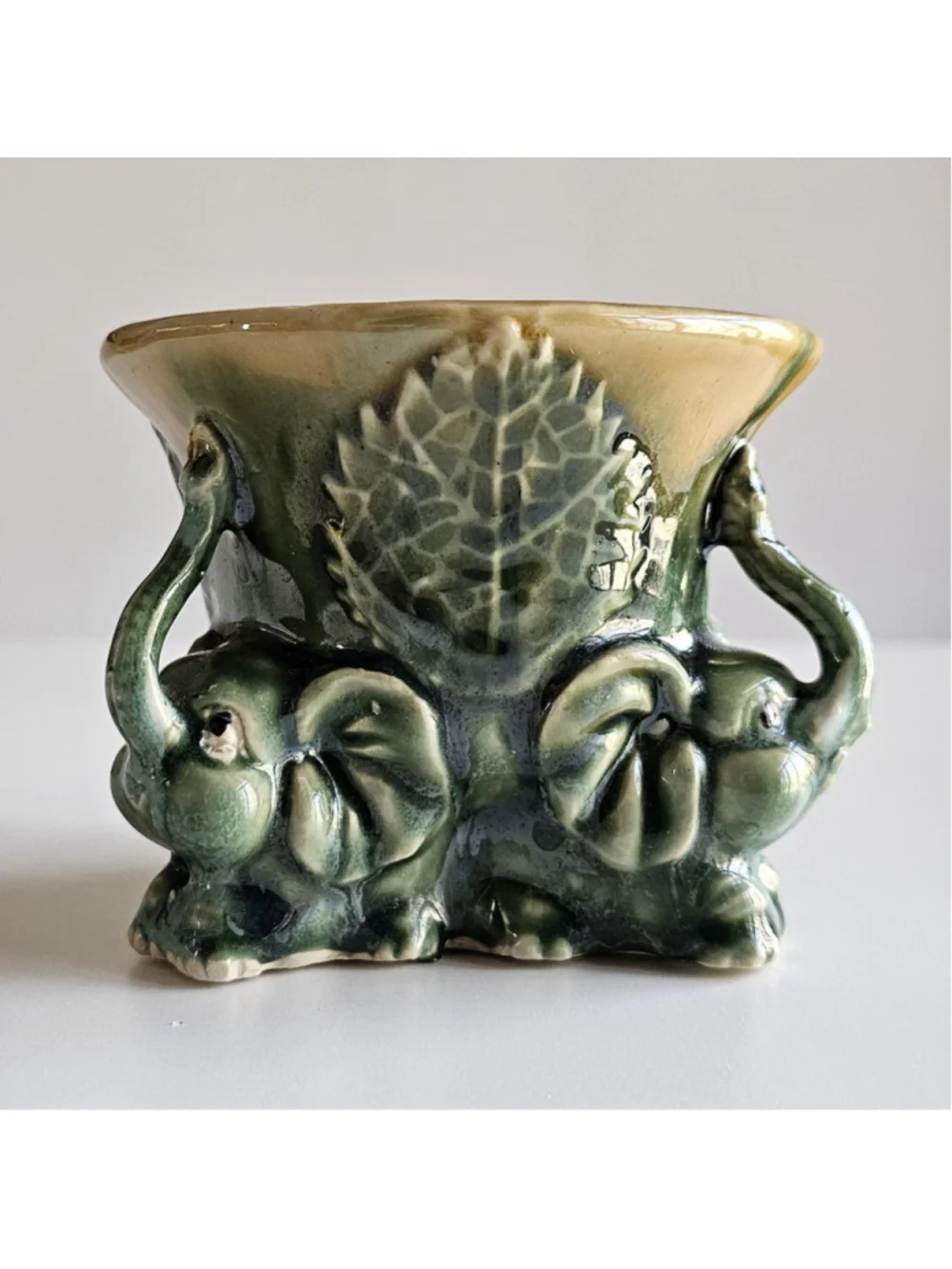 Vintage Japanese Majolica-Style Triple Elephant Planter - Mid-Century Modern